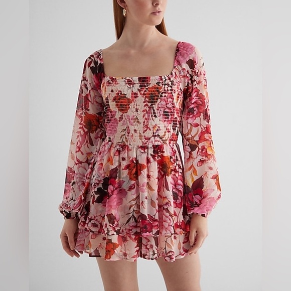 Express Floral Square Neck Long Sleeve Smocked Romper🌸 - Picture 1 of 6